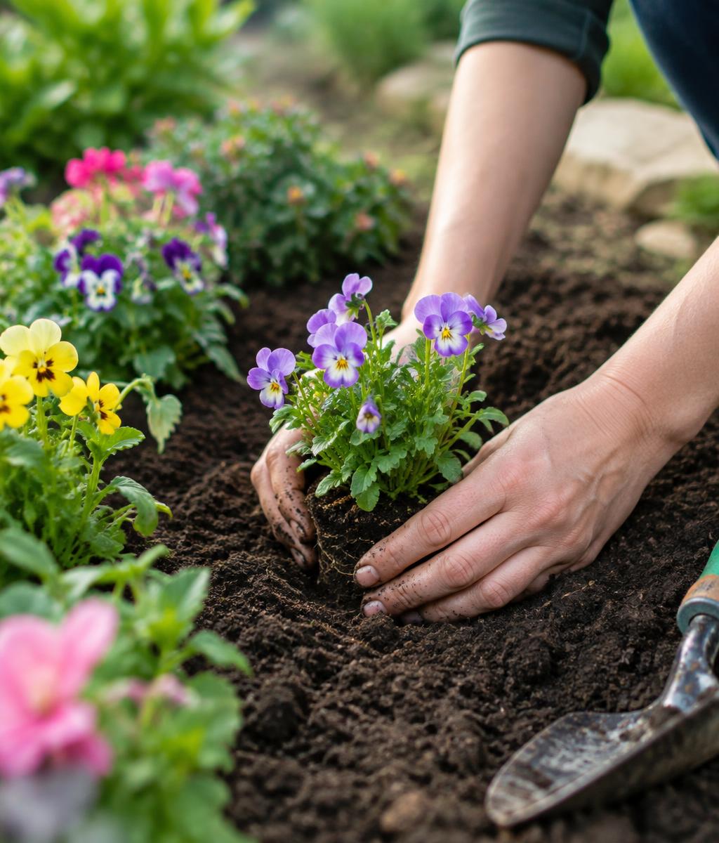 Hands planting purple violas into fresh garden soil